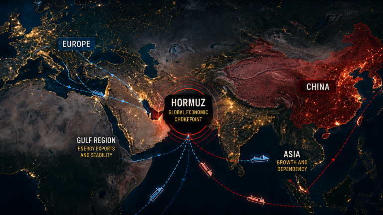 Analysekarte der Straße von Hormus mit globalen Energieflüssen, Handelsrouten und Abhängigkeiten Europas und Chinas