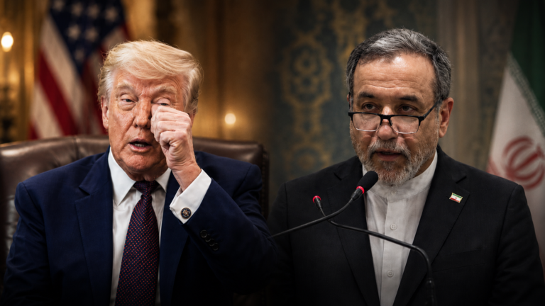 Cinematische Darstellung des Iran-Konflikts 2026 mit US- und iranischer Führungsfigur vor diplomatischem Hintergrund.