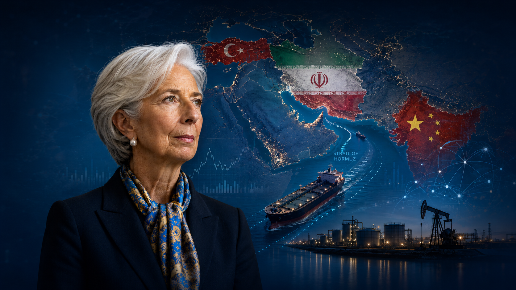 Christine Lagarde vor einer geopolitischen Karte der Straße von Hormus mit Tanker, Iran, China und Energieinfrastruktur als Symbol für Lieferketten- und Inflationsrisiken.