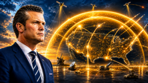 Pete Hegseth vor einer futuristischen goldenen Verteidigungskuppel über den USA, die Golden Dome, Satelliten, Raketenabwehr und Directed Energy Weapons symbolisiert.