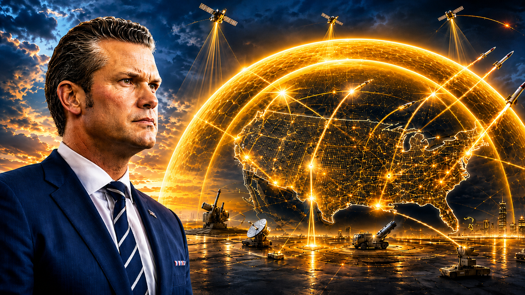 Pete Hegseth vor einer futuristischen goldenen Verteidigungskuppel über den USA, die Golden Dome, Satelliten, Raketenabwehr und Directed Energy Weapons symbolisiert.