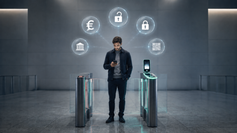 Mann steht mit Smartphone an einer digitalen Zugangsschleuse. Über ihm zeigen Symbole für Geld, Behörden, QR-Code sowie offenen und gesperrten Zugang die möglichen Folgen der EU Digital Identity Wallet 2026.