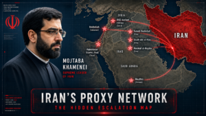 Karte des Nahen Ostens mit Irans Proxy-Netzwerk, roten Eskalationspunkten in Libanon, Syrien, Irak, Gaza und Jemen sowie Mojtaba Khamenei als Symbolfigur iranischer Machtprojektion.
