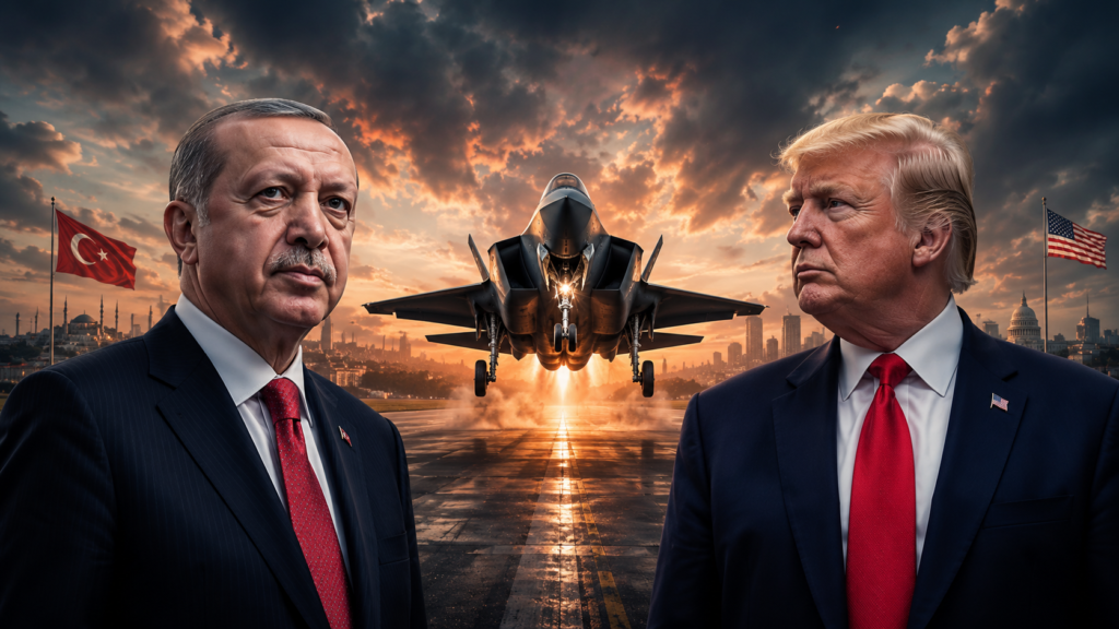 Recep Tayyip Erdoğan und Donald Trump vor einer startenden F-35 – Symbolbild zur strategischen Rolle der Türkei im Iran-Krieg