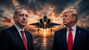Recep Tayyip Erdoğan und Donald Trump vor einer startenden F-35 – Symbolbild zur strategischen Rolle der Türkei im Iran-Krieg