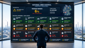 Manager vor einem digitalen Stromnetz-Dashboard mit grünen, orangefarbenen und roten Statusanzeigen für Industrieunternehmen.