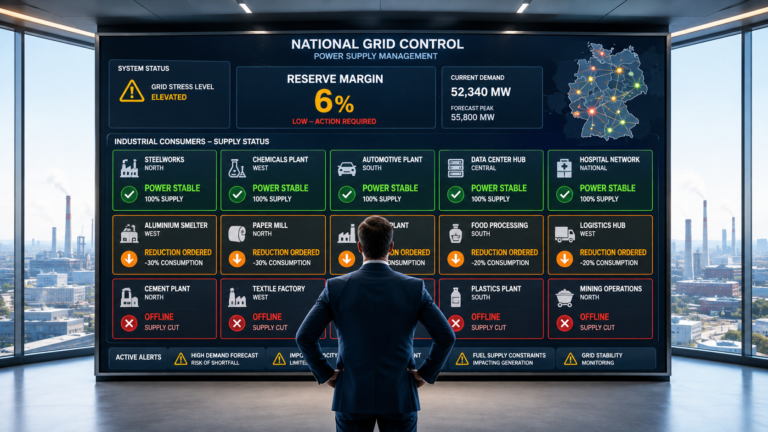Manager vor einem digitalen Stromnetz-Dashboard mit grünen, orangefarbenen und roten Statusanzeigen für Industrieunternehmen.