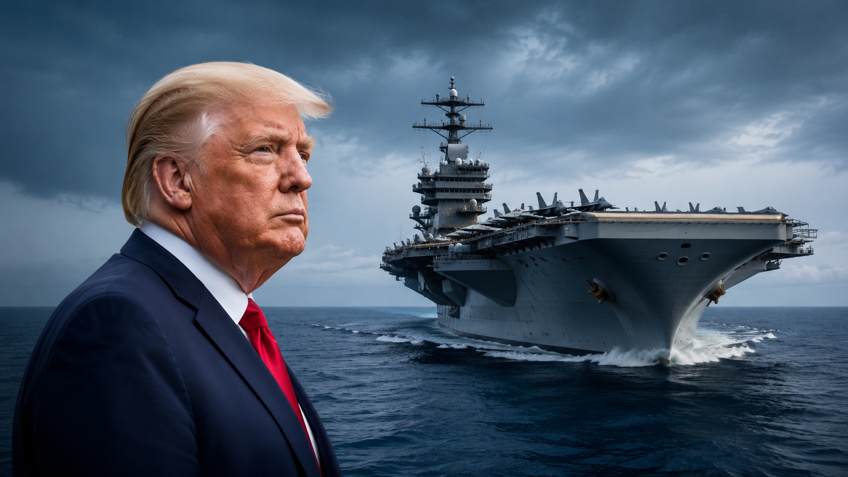 Donald Trump blickt auf den US-Flugzeugträger USS Abraham Lincoln auf See – Symbolbild für den Zwei-Fronten-Abnutzungskrieg der USA zwischen Ukraine und Iran.