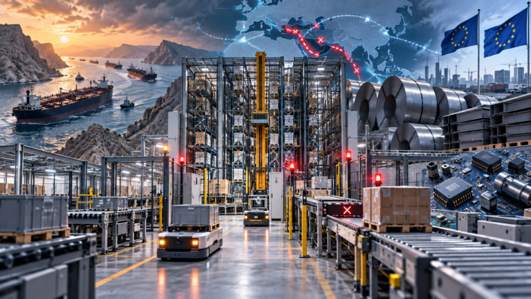 Automatisierte Intralogistikanlage in Europa vor dem Hintergrund gestörter Lieferketten, der Straße von Hormus, Stahlimporten und geopolitischen Risiken.