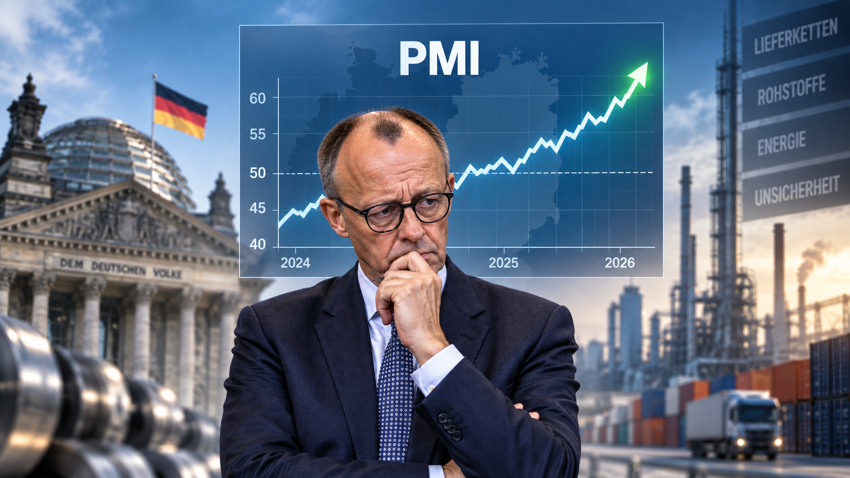 Friedrich Merz blickt besorgt vor einem deutlich steigenden PMI-Chart, im Hintergrund deutsche Industrie, Lieferketten und der Reichstag.