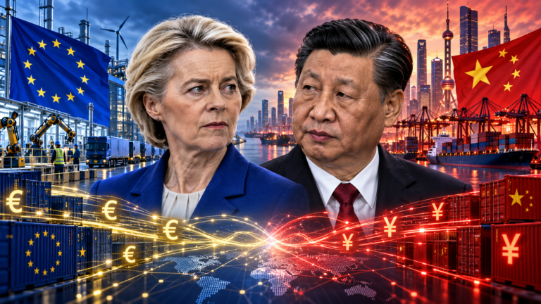 Ursula von der Leyen und Xi Jinping vor einer symbolischen EU- und China-Industriekulisse mit Containerhafen, Fabrikanlagen und leuchtenden Kapitalströmen als Visualisierung von Europas FDI-Beschränkungen und den wirtschaftlichen Spannungen mit China.