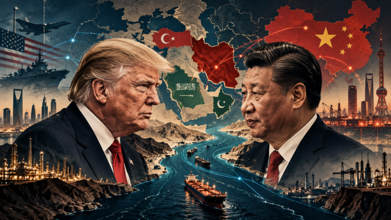 Donald Trump und Xi Jinping stehen sich vor einer geopolitischen Karte des Nahen Ostens gegenüber. Im Zentrum verläuft die Straße von Hormus mit Öltankern; Iran, China, Saudi-Arabien, Türkei und Pakistan sind als strategische Akteure hervorgehoben.