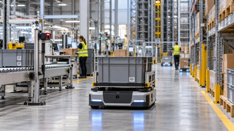 Autonomer mobiler Roboter in einem modernen Logistiklager mit Fördertechnik, Regalen und modularer Brownfield-Automatisierung.