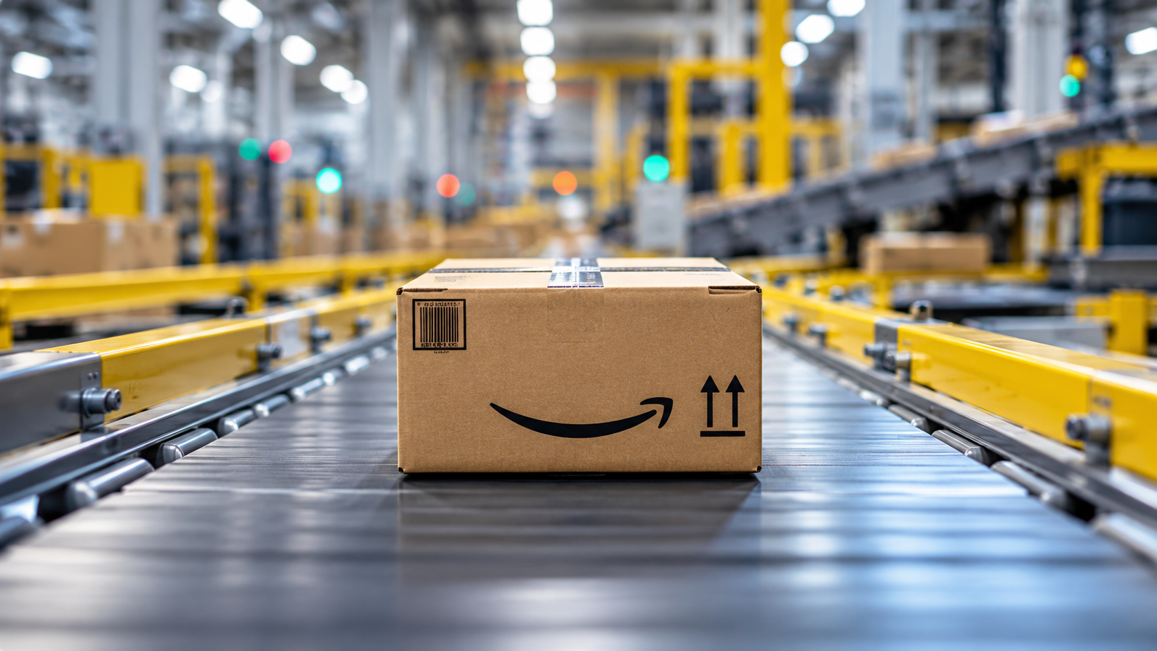 Amazon-Paket auf einem Förderband in einem automatisierten Logistikzentrum zur österreichischen Paketsteuer