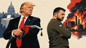 Illustration im Economist-Stil: Donald Trump hält eine Diesel-Zapfpistole mit fallendem Tropfen, während Wolodymyr Selenskyj mit verschränkten Armen abgewandt vor einer brennenden Raffinerie steht.